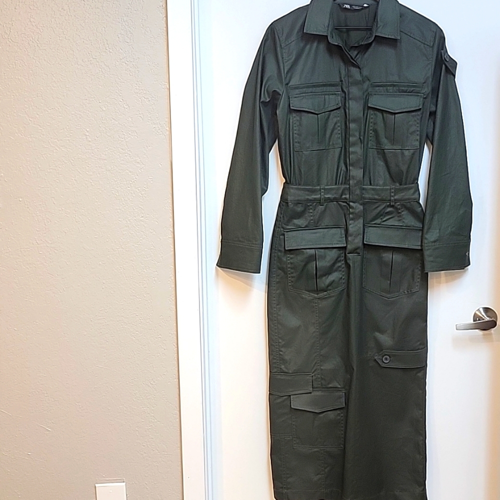 NWOT | ZARA | Olive Green Coated Cargo Dress - Picture 3 of 10